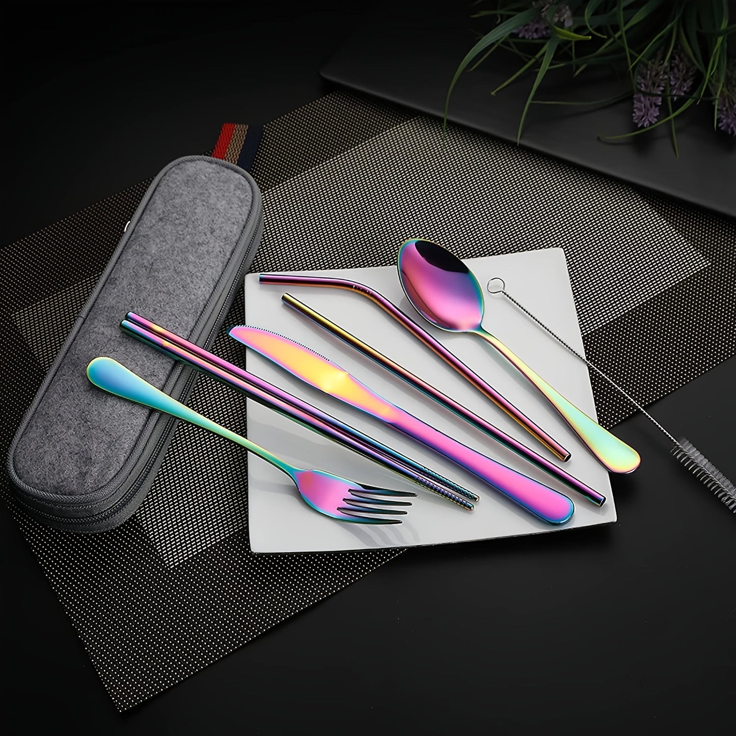 Portable Utensils, Travel Camping Cutlery Set, 8pcs including Knife Fork Spoon Chopsticks Cleaning Brush Straws Portable Case, Stainless Steel Flatware set