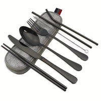 Portable Utensils, Travel Camping Cutlery Set, 8pcs including Knife Fork Spoon Chopsticks Cleaning Brush Straws Portable Case, Stainless Steel Flatware set