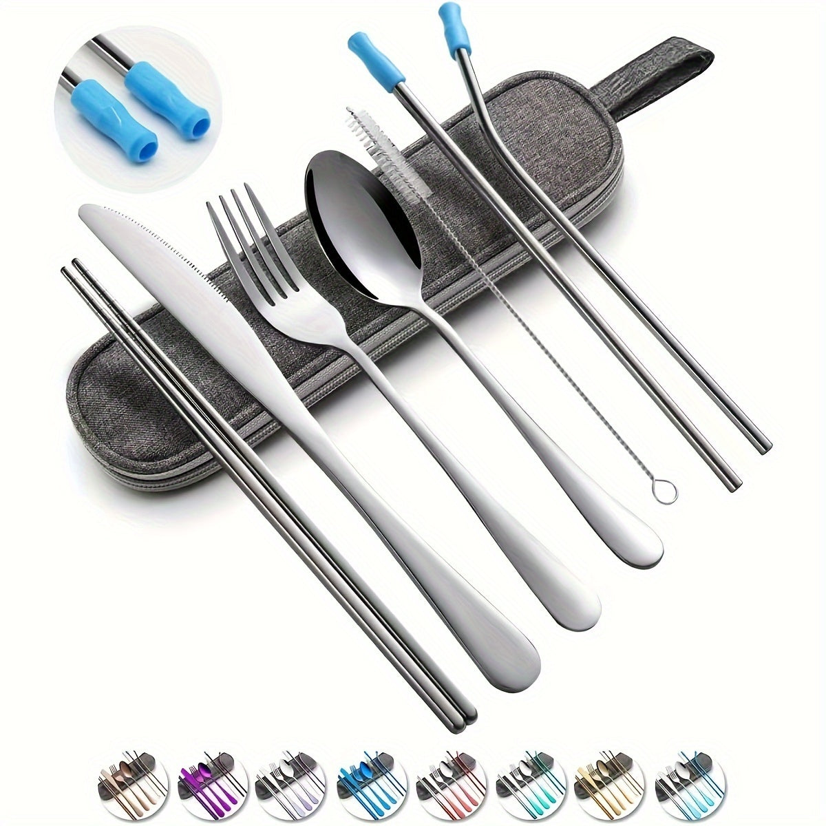 Portable Utensils, Travel Camping Cutlery Set, 8pcs including Knife Fork Spoon Chopsticks Cleaning Brush Straws Portable Case, Stainless Steel Flatware set