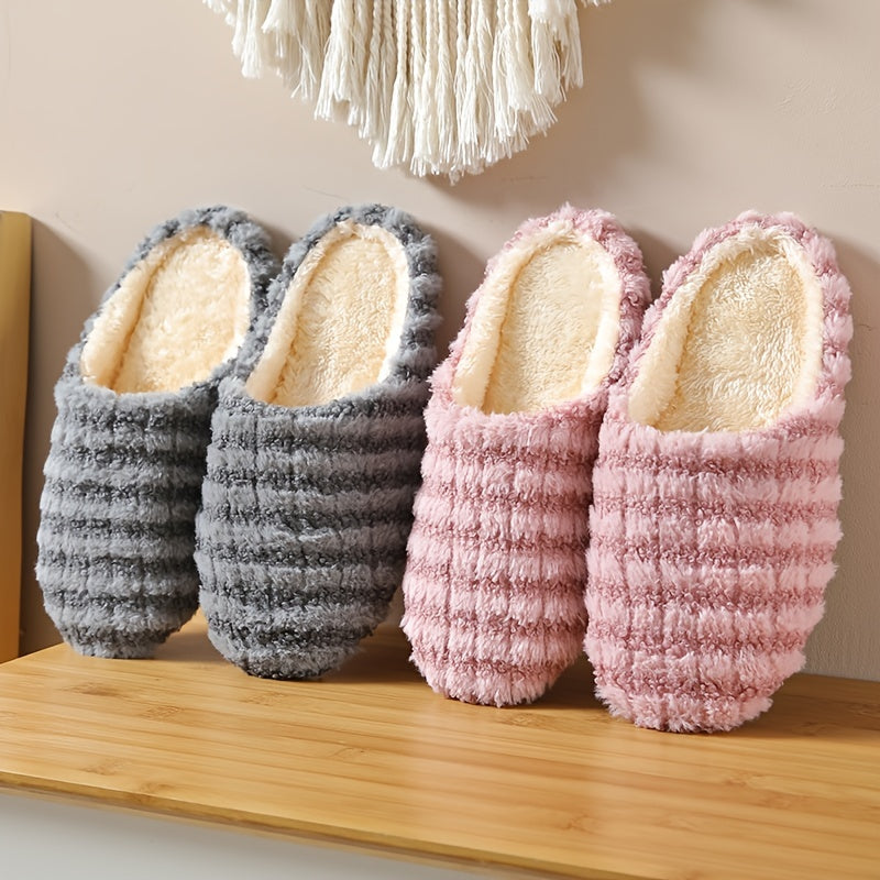 Women's Warm Plush Striped Print House Slippers - Slip-on Round Toe Anti-slip Soft Sole Casual Home Slides - For Women - Perfect for Cozy Winter Nights at Home - Ideal Gift for Her