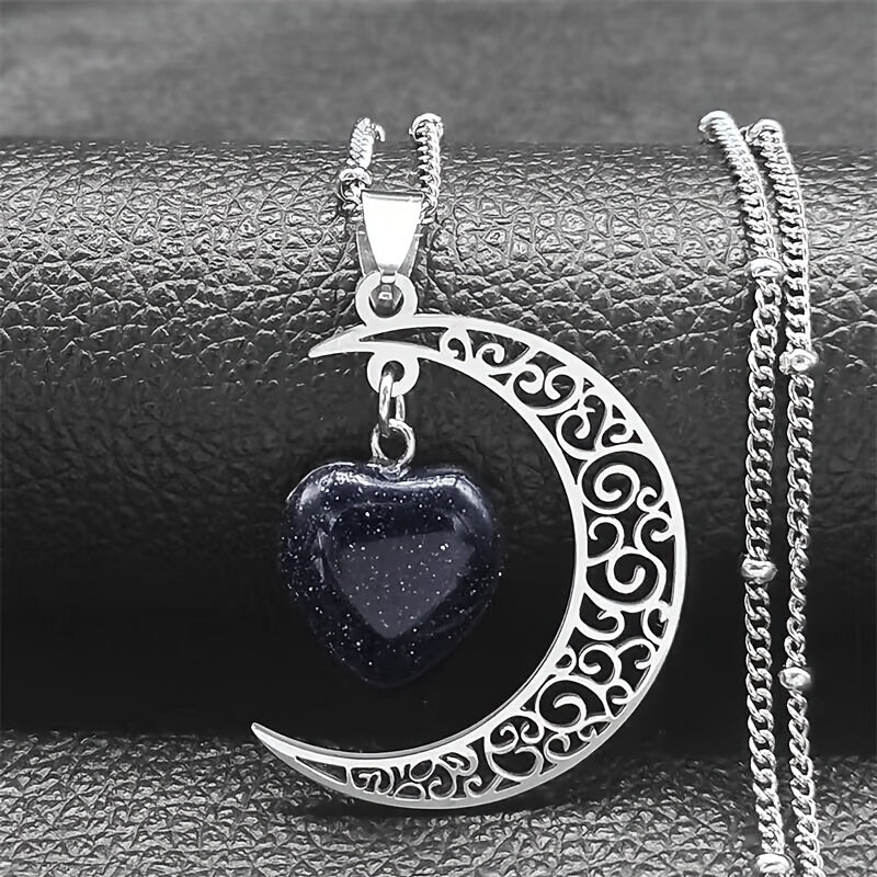 Black Stainless Steel Moon Heart Charm Necklace for Women