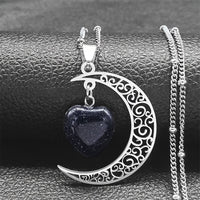 Black Stainless Steel Moon Heart Charm Necklace for Women
