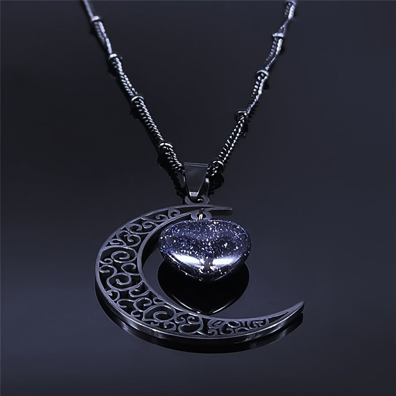 Black Stainless Steel Moon Heart Charm Necklace for Women