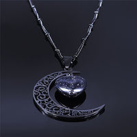 Black Stainless Steel Moon Heart Charm Necklace for Women