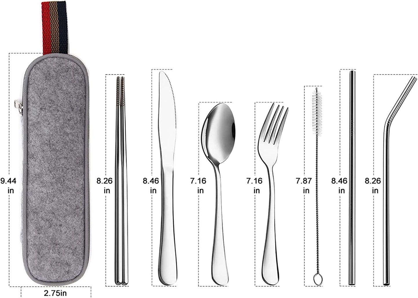 Portable Utensils, Travel Camping Cutlery Set, 8pcs including Knife Fork Spoon Chopsticks Cleaning Brush Straws Portable Case, Stainless Steel Flatware set