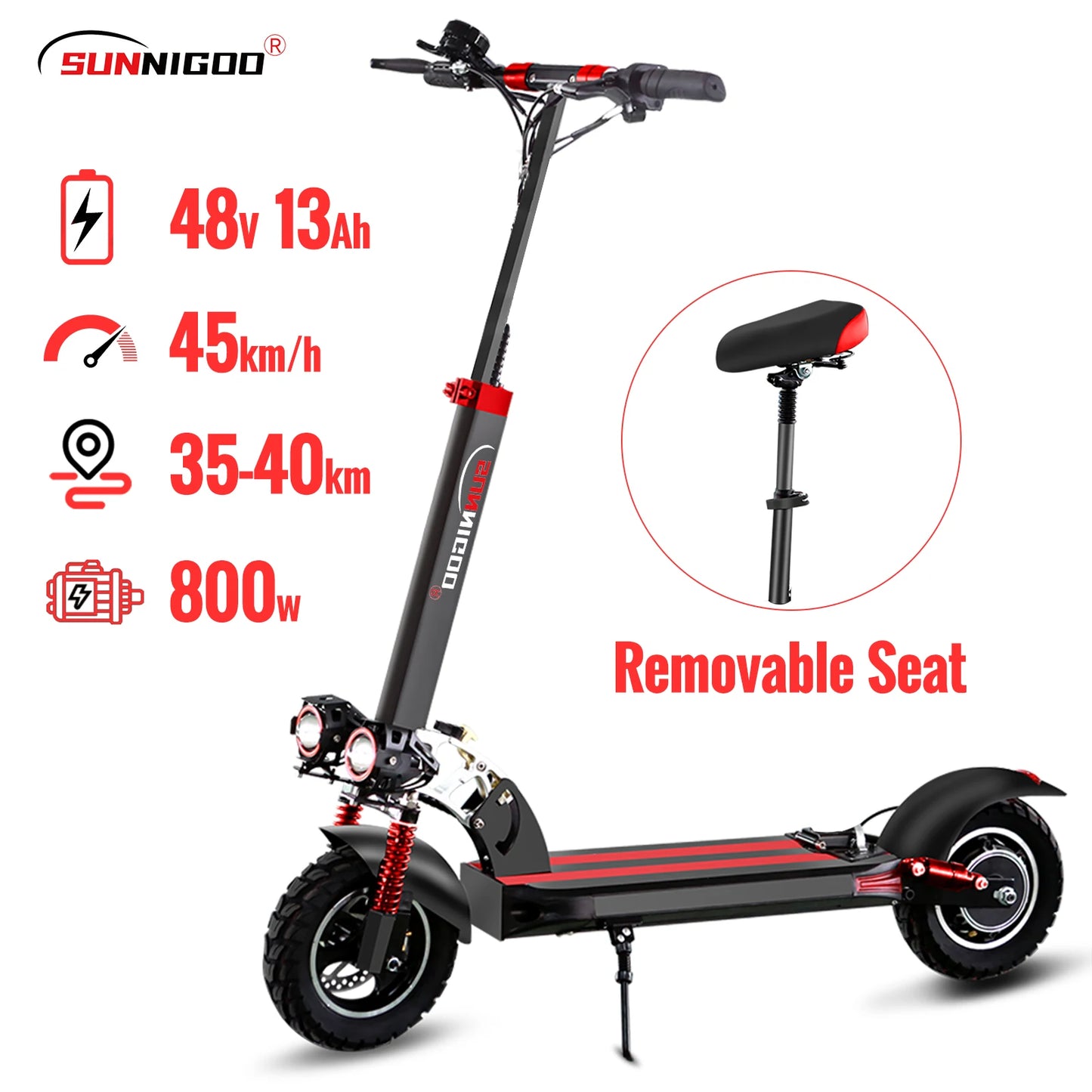 SUNNIGOO Electric Scooter For Adult 10 inch Off-Road 48V Lithium Battery Max Speed 45km/h Removable Seat Foldable E Scooter