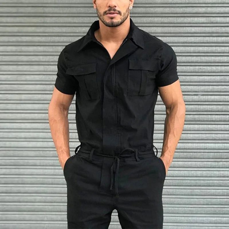 Men’s Casual Jumpsuit – Short Sleeve Belted One-Piece