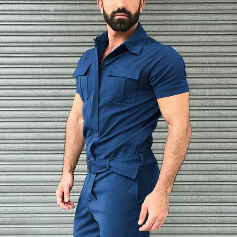 Men’s Casual Jumpsuit – Short Sleeve Belted One-Piece