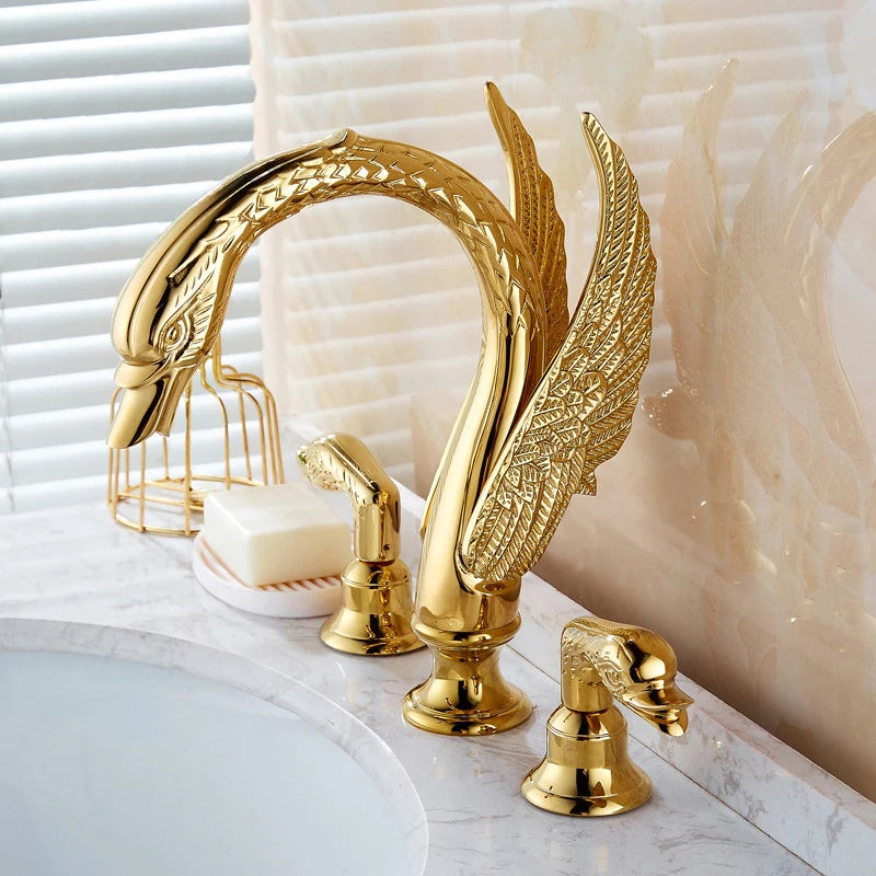 Polished Gold Bathroom Swan Tap Brass Golden Basin Mixer Faucet