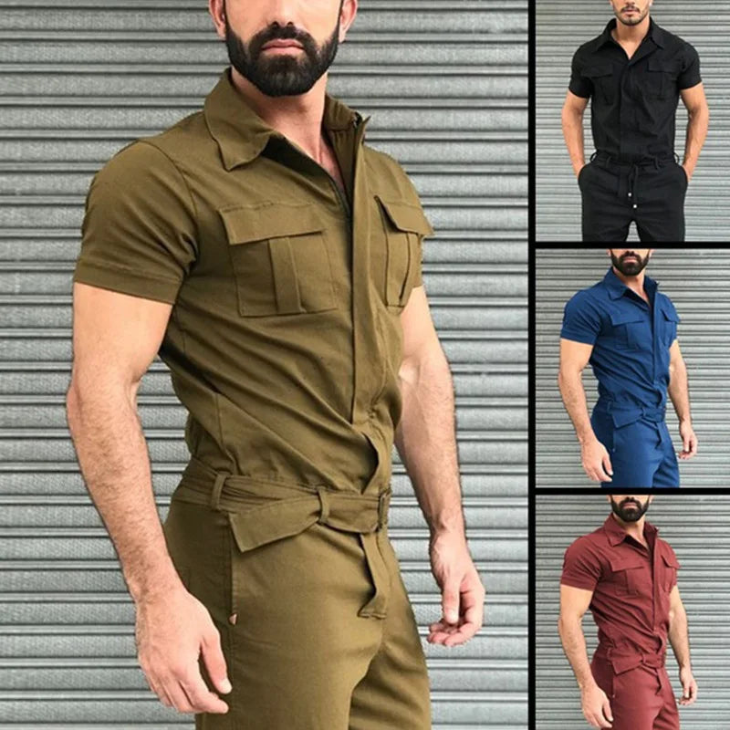 Men’s Casual Jumpsuit – Short Sleeve Belted One-Piece