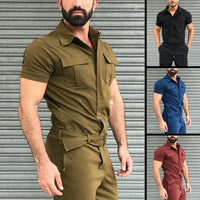 Men’s Casual Jumpsuit – Short Sleeve Belted One-Piece