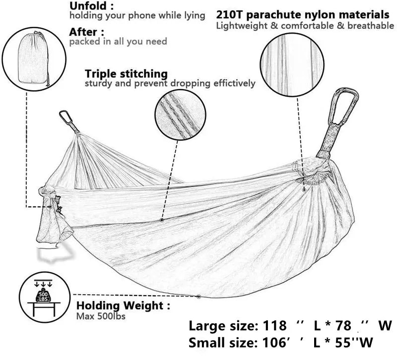 Oversized Double Camping Hammock,Portable Tree Straps Hammock ,210T Nylon Travel Hammock, Lightweight Parachute Hammocks