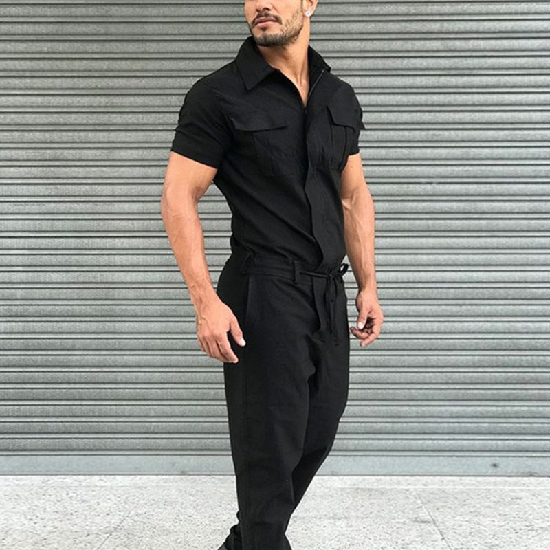 Men’s Casual Jumpsuit – Short Sleeve Belted One-Piece