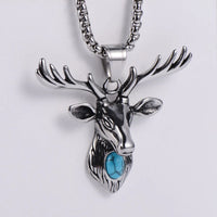 Wholesale High Quality Stainless Steel Vintage 3D Design Deer Antler Elk Head Turquoise Pendant Necklace for Men Women