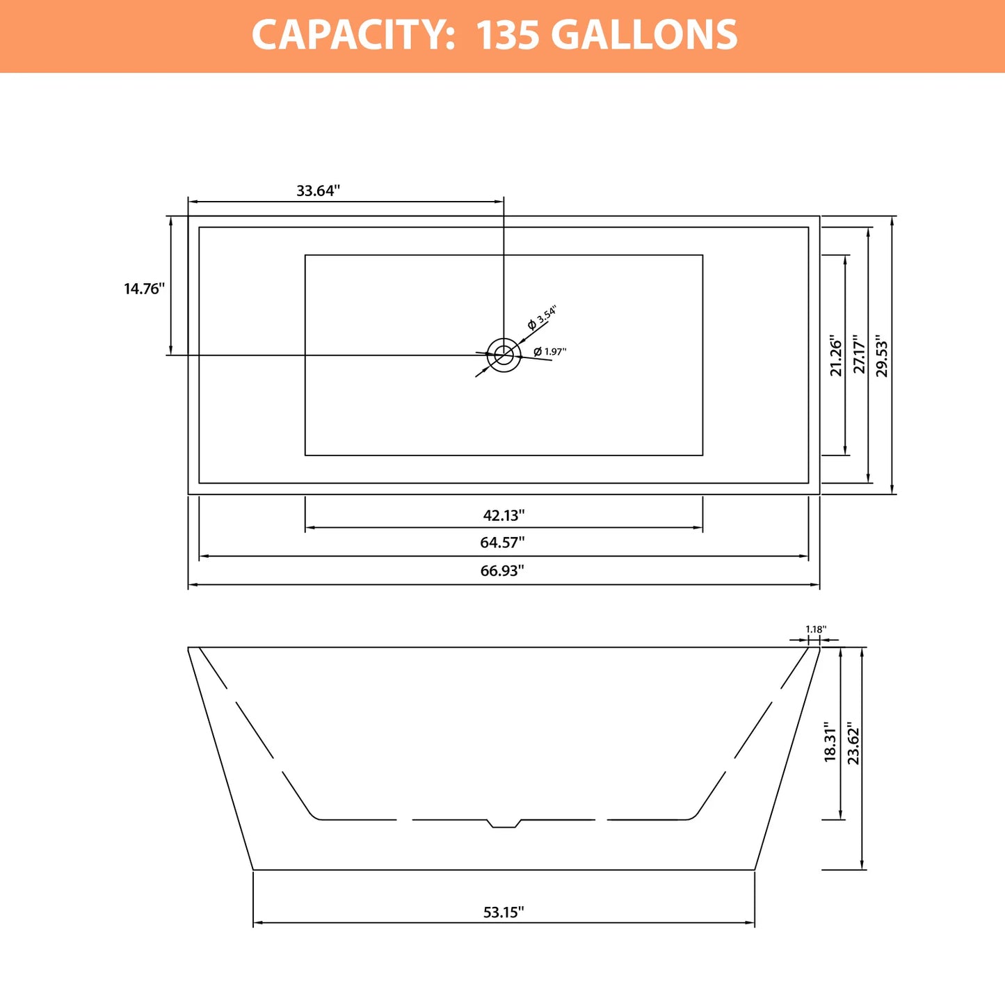 US Stock Modern Design Freestanding White Acrylic Rectangle-Shaped Bathtub with Drain Overflow
