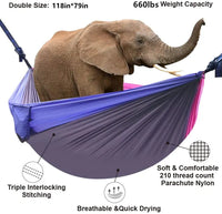 Oversized Double Camping Hammock,Portable Tree Straps Hammock ,210T Nylon Travel Hammock, Lightweight Parachute Hammocks