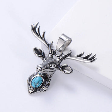 Wholesale High Quality Stainless Steel Vintage 3D Design Deer Antler Elk Head Turquoise Pendant Necklace for Men Women