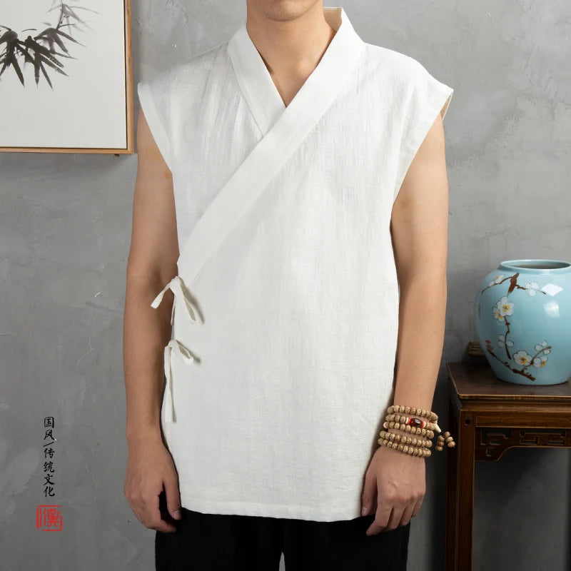 Traditional Chinese Clothing  Hanfu Men Linen cotton sleeveless Jacket mens tang suit Kimono Cardigan Male Open Stitch Coat