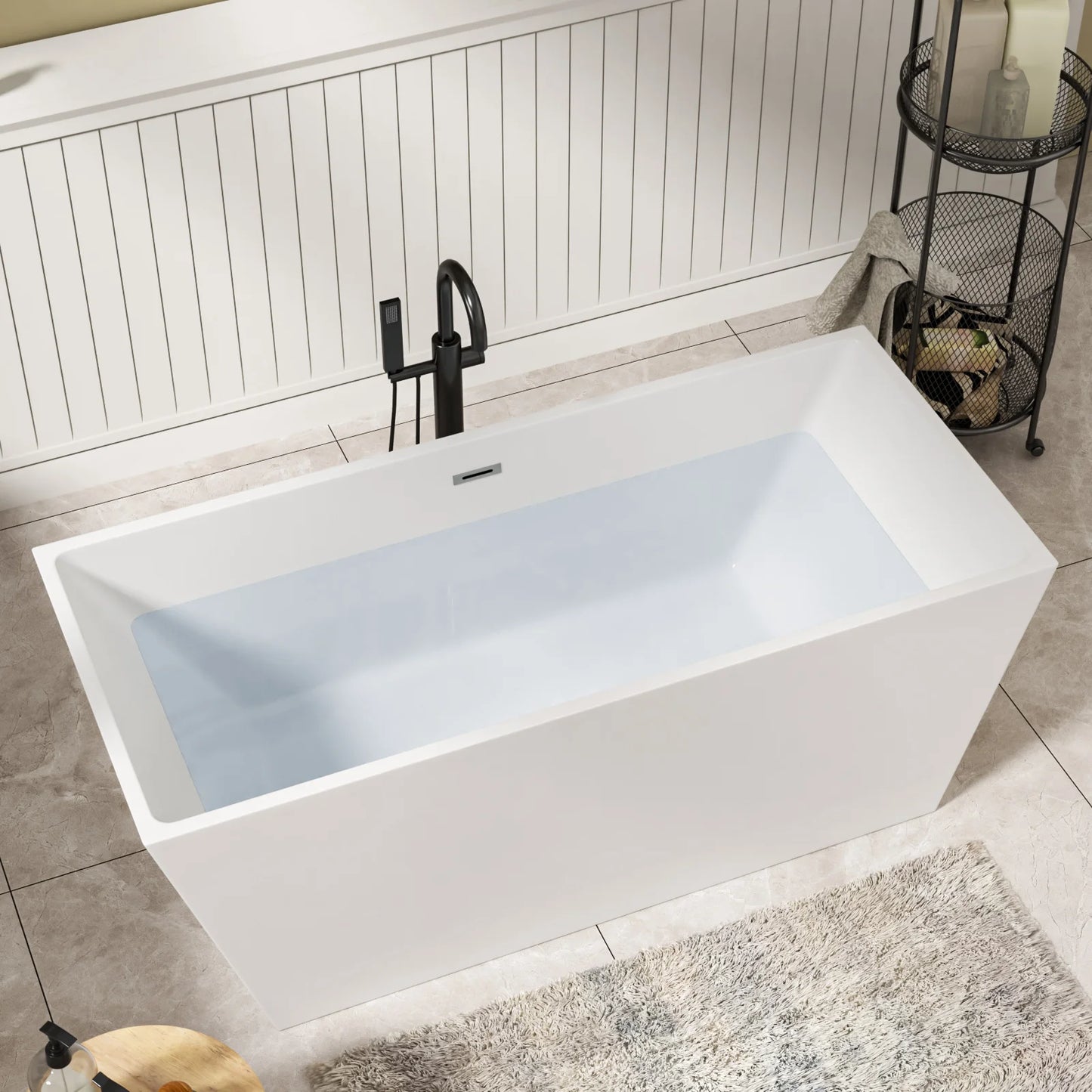 US Stock Modern Design Freestanding White Acrylic Rectangle-Shaped Bathtub with Drain Overflow