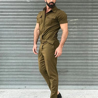 Men’s Casual Jumpsuit – Short Sleeve Belted One-Piece