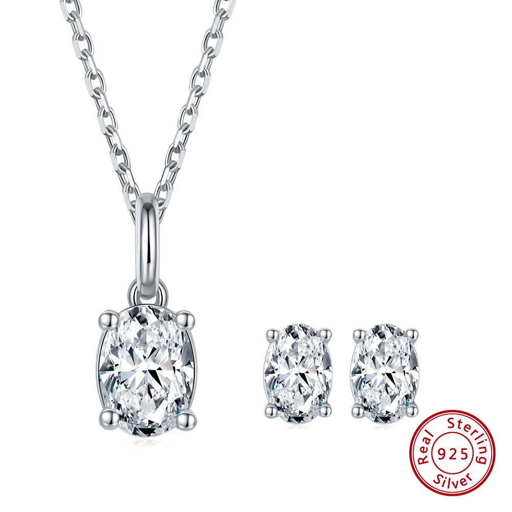 RINNTIN BSMN30 Moissanite Pendant Necklace Set Oval Cut Diamond Sterling Silver Necklace Set for Women