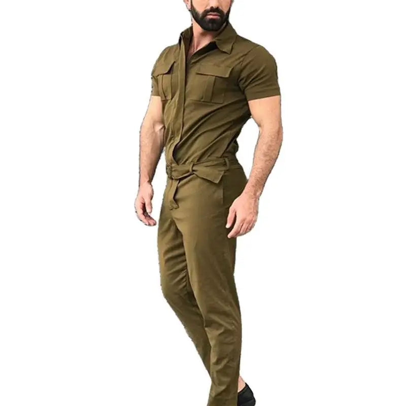 Men’s Casual Jumpsuit – Short Sleeve Belted One-Piece