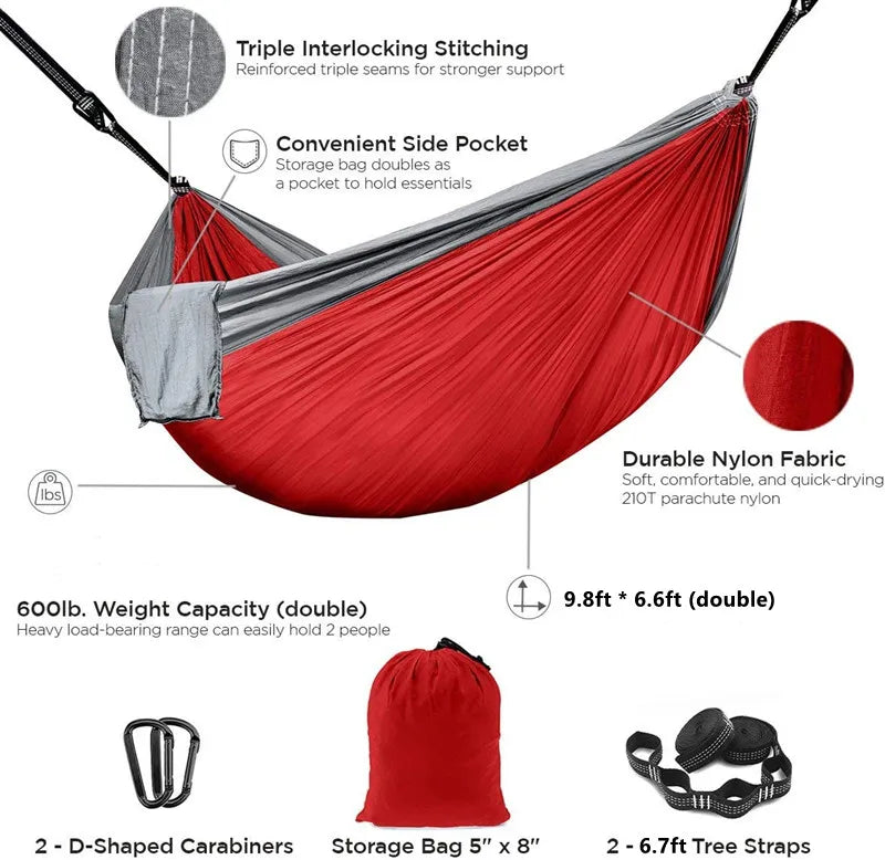 Oversized Double Camping Hammock,Portable Tree Straps Hammock ,210T Nylon Travel Hammock, Lightweight Parachute Hammocks