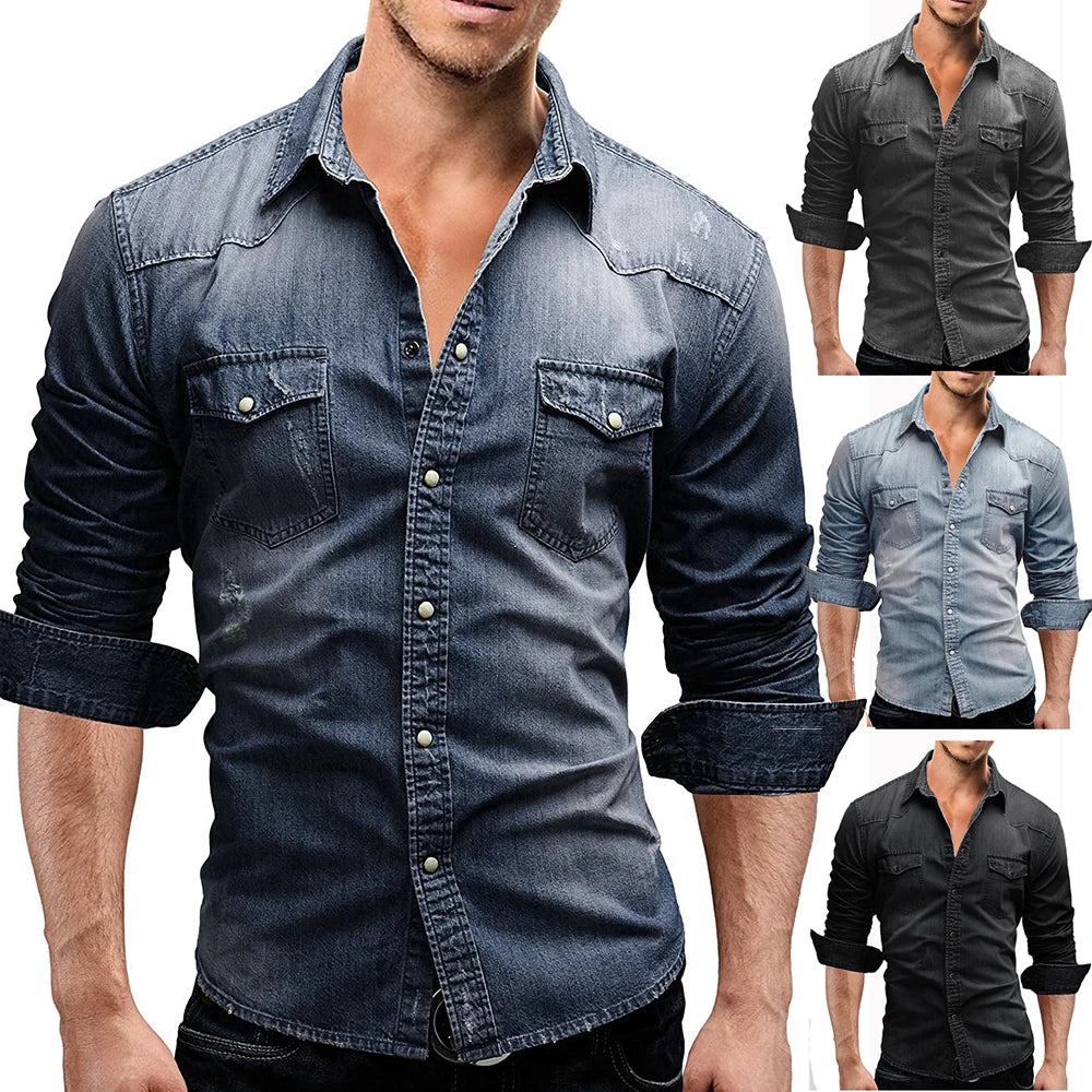 Men’s Slim Fit Denim Shirt Long Sleeve Casual T-Shirt