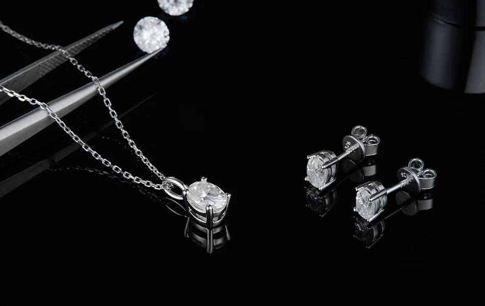 RINNTIN BSMN30 Moissanite Pendant Necklace Set Oval Cut Diamond Sterling Silver Necklace Set for Women