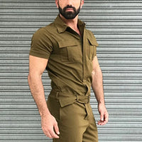 Men’s Casual Jumpsuit – Short Sleeve Belted One-Piece