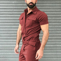 Men’s Casual Jumpsuit – Short Sleeve Belted One-Piece