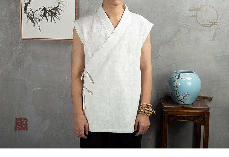 Traditional Chinese Clothing  Hanfu Men Linen cotton sleeveless Jacket mens tang suit Kimono Cardigan Male Open Stitch Coat