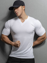 Men’s V-Neck Slim Fit T-Shirt – Summer Striped Gym Tee