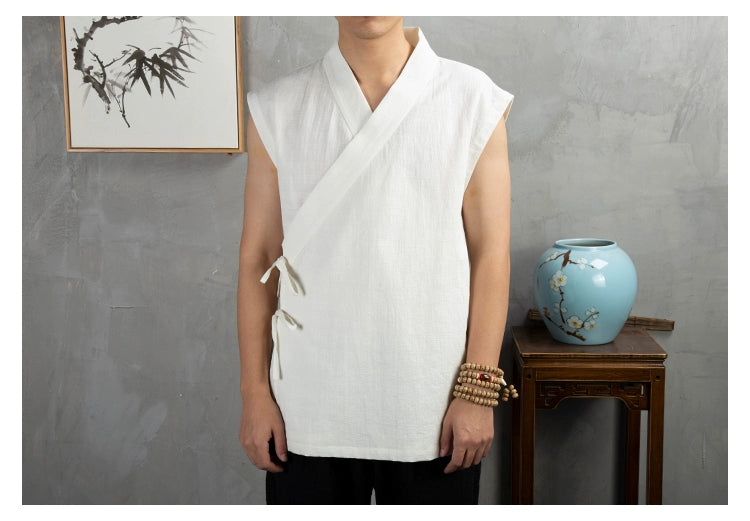 Traditional Chinese Clothing  Hanfu Men Linen cotton sleeveless Jacket mens tang suit Kimono Cardigan Male Open Stitch Coat