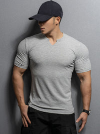 Men’s V-Neck Slim Fit T-Shirt – Summer Striped Gym Tee