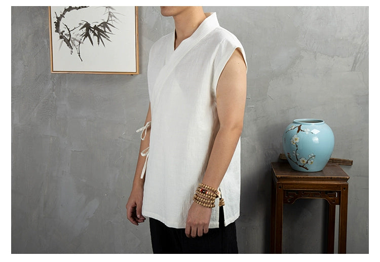 Traditional Chinese Clothing  Hanfu Men Linen cotton sleeveless Jacket mens tang suit Kimono Cardigan Male Open Stitch Coat