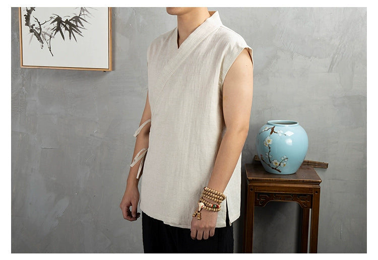 Traditional Chinese Clothing  Hanfu Men Linen cotton sleeveless Jacket mens tang suit Kimono Cardigan Male Open Stitch Coat