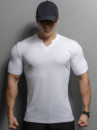 Men’s V-Neck Slim Fit T-Shirt – Summer Striped Gym Tee