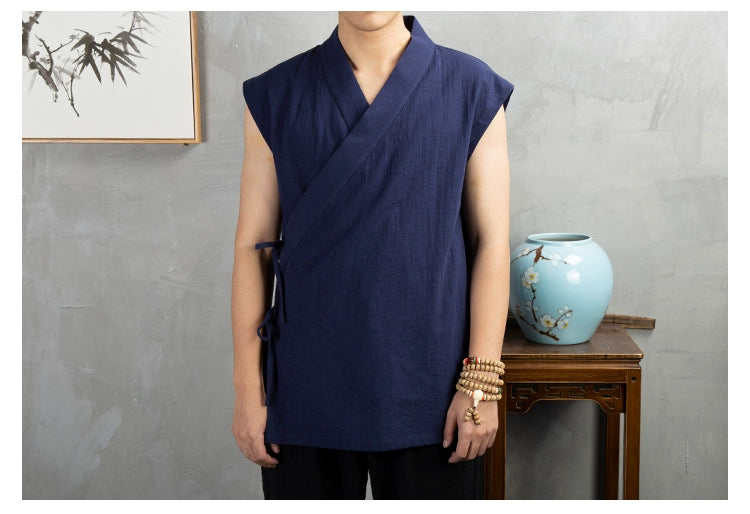 Traditional Chinese Clothing  Hanfu Men Linen cotton sleeveless Jacket mens tang suit Kimono Cardigan Male Open Stitch Coat