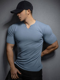 Men’s V-Neck Slim Fit T-Shirt – Summer Striped Gym Tee