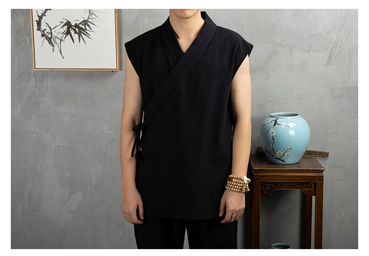 Traditional Chinese Clothing  Hanfu Men Linen cotton sleeveless Jacket mens tang suit Kimono Cardigan Male Open Stitch Coat