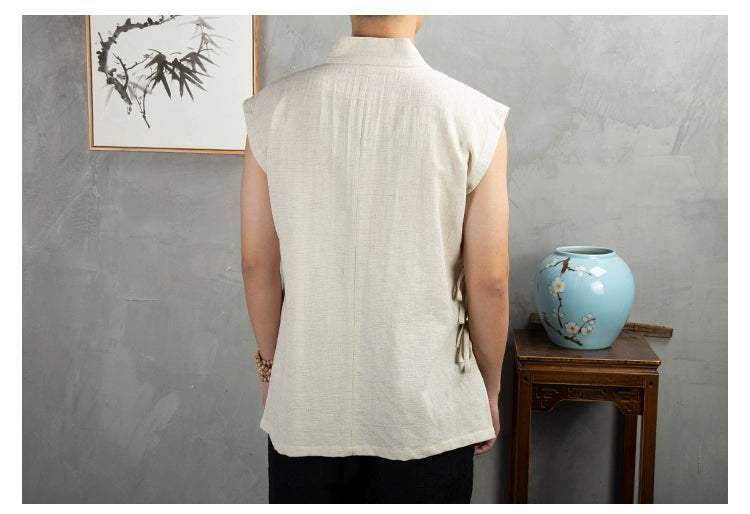 Traditional Chinese Clothing  Hanfu Men Linen cotton sleeveless Jacket mens tang suit Kimono Cardigan Male Open Stitch Coat