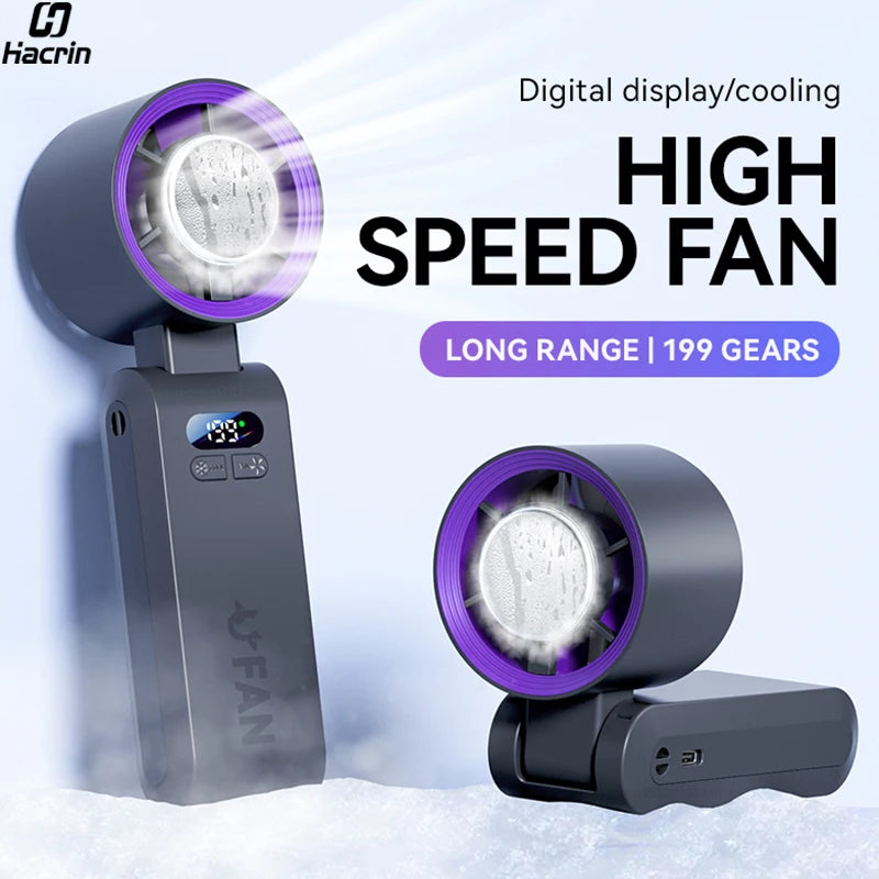 Portable Handheld Turbo Fan Foldable Hanging Neck Fan Mini Hand Fan 3600mAh USB Rechargeable High Speed Ice Cooling Turbo Fan