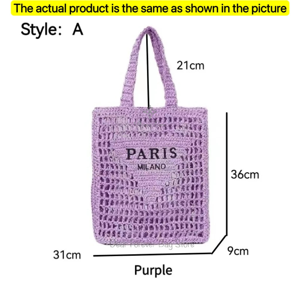 Women's Summer Beach Straw Style Tote Bag Handwoven Large Capacity Luxury Designer Travel Handbags Casual Portable Shoulder Bags
