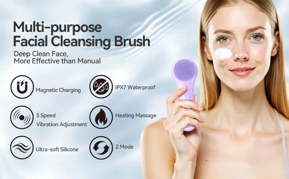 Heated Silicone Facial Cleansing Brush – 5 Speed Rechargeable