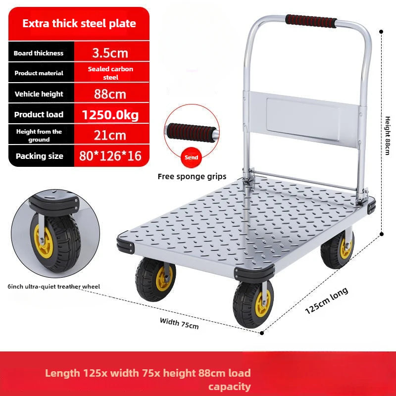 Steel plate trolley, four-wheel  truck, express pulling flatbed cart, small cart folding trailer, pushing and pulling trolley