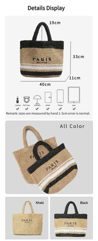 Women's Summer Beach Straw Style Tote Bag Handwoven Large Capacity Luxury Designer Travel Handbags Casual Portable Shoulder Bags