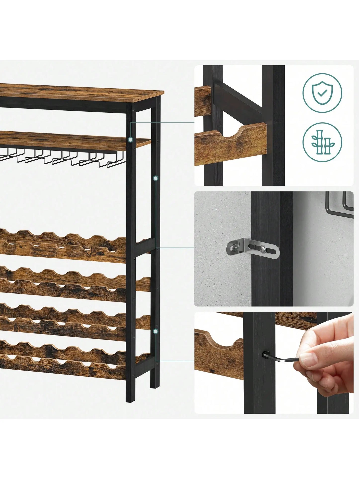 SONGMICS 24-Bottle Free Standing Wine Rack with Glass Holder, Wobble-Free, Kitchen Bar Dining Room,Display Storage Shelf