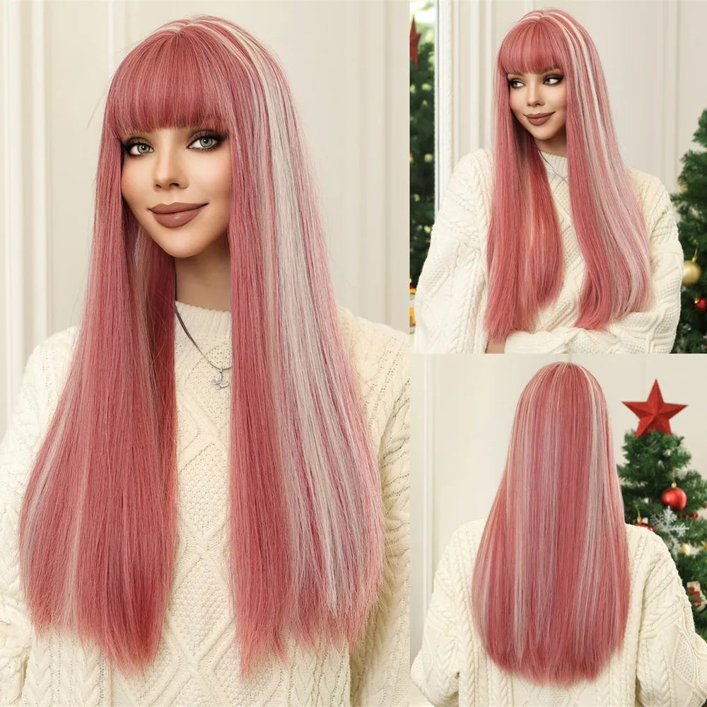 Reddish Brown Straight Layered Synthetic wig with Bangs Long hair Copper Ginger Wig for Women Daily Use Heat Resistant Wigs