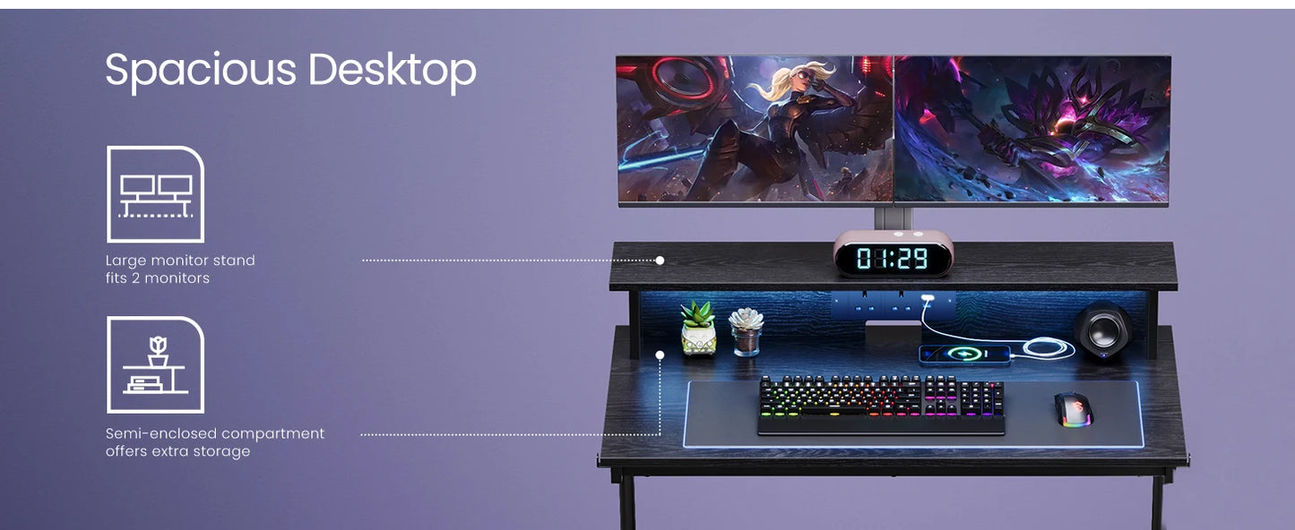 VASAGLE Gaming Desk with LED Lights and Built-In Power Outlets, Computer Desk with Monitor Shelf, Gaming Table, 100x61x91cm